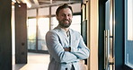Pride, face or realtor in office with arms crossed, property agent or ambition as real estate consultant. Portrait, happy man or broker with confidence, listing agent or about us in housing industry.