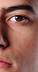 Face, man and eye care in closeup with optometry, eyesight exam and medical test for disease detection. Person, vision and ophthalmology evaluation for retina assessment, optical health and wellness.
