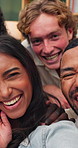 Group, face and friends in home with selfie, social media update and recording for online post. Happy, portrait and men with women with photo for memory at hangout, gathering and bonding on weekend