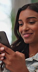 Happy, weekend and woman on sofa with phone, social media and online chatting for connection. Home, laugh and person relax with mobile app for communication, internet and notification for message