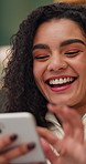 Online, laugh and woman in home with phone, social media and funny chat for connection. House, happy and person relax with mobile app for communication, internet humor and digital post on weekend