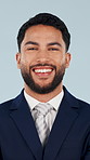 Face, happy and businessman with pride in studio for career opportunity on a blue background. Portrait, man or lawyer with smile, confidence or positive attitude in formal suit for professional job