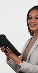 Face, tablet and business woman in studio for planning, research information and update software. Portrait, happy employee and scroll on digital tech for social network or online on white background