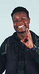 Face, hiking and perfect with black man in studio for feedback, recommendation or review. Pointing, smile and trekking with happy hiker on white background for exercise, fitness or wellness activity