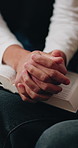 Caregiver, prayer and hands with bible, faith and worship with holy scripture or spiritual religion. Praise, God and nurse with book for Christianity, knowledge and Jesus Christ guidance with patient
