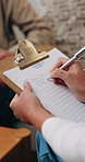 Nurse, hands and writing with patient on clipboard for medical diagnosis, therapy or counseling. Healthcare worker, caregiver or taking notes with client for health checklist or advice in clinic