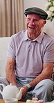 Happy, talking and visit with old man in house with funny joke, communication and bonding at tea party. Senior person, retirement and relax on living room couch for brunch, dessert or friendly chat