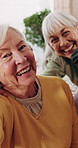 Face, selfie and old people in home with smile, friends bonding together and retirement memories. Happy, elderly woman and group in lounge with photography, support and social media post for reunion.