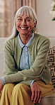 Wellness, face and senior woman in house with smile, positive attitude or weekend break with unwind. Wellbeing, happy or elderly person with good mood, confidence and satisfaction in retirement.
