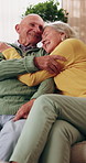 Love, hug and old couple in home with smile, connection or relax for bonding together in retirement. Happy, married senior people and rest in living room with embrace, care and romantic relationship.