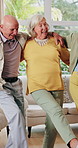 Dancing, friends or elderly people in lounge with energy, happy moment or bonding fun with rhythm. Smile, movement or senior group with entertainment, groove together or good time in retirement home.