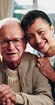 Face, nurse or old man in house with walking stick, support or bonding in assisted living. Happy, caregiver or senior person with disability, loving relationship or patient connection in nursing home