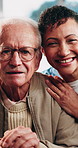 Face, nurse or old man in home with support, happy relationship or bonding in retirement care. Smile, caregiver or senior person with disability, kindness or patient connection in assisted living.