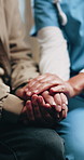 Support, nurse and old man with holding hands, comfort and empathy in assisted living. Compassion, caregiver and senior person with understanding, sympathy and patient connection in retirement care.
