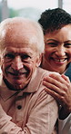 Face, nurse or old man in home with love, happy relationship or bonding in retirement care. Smile, caregiver or senior person with friendly embrace, kindness or patient connection in assisted living