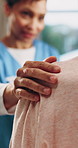 Hand, nurse and senior woman with support, comfort or guidance on medical diagnosis or treatment plan. Help, empathy and caregiver with elderly patient for healthcare service at checkup in home.