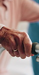 Walker, physiotherapist and hands of senior person with help for walking, mobility and osteoporosis. Elderly patient, aid and nurse for assisted living, balance and support in retirement home
