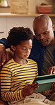 Father, son and tablet on sofa for elearning, bonding and educational app in home. Black family, man and child with tech for streaming subscription, growth and online development for boy in lounge