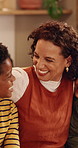 Mom, children and hug in home for mothers day, celebration or bonding on holiday together. Happy mama, kids or siblings with smile, embrace or motherhood for love, weekend comfort or care in house
