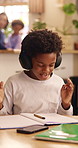 Child, headphones or confused in home with education, homework or misunderstanding with books. Learning, problem solving or kid in house for development, mistake or difficult question with audio tech