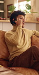 Phone call, happy and man on sofa in home for communication, catch up or gossip in living room. Relax, cellphone and person on mobile conversation, connectivity or contact on weekend in apartment.
