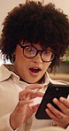 Woman, scroll and surprise in home with phone, unexpected news and text message for online gossip. Female person, browsing and shock in house with tech, mobile chat and typing for social media rumor.