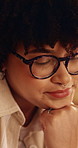 Thinking, ideas and woman in home with decision on university scholarship for education. Glasses, reflection and student with planning for college application with choice, memory or solution in house