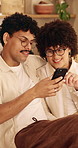 Couple, discussion and relax in house with phone, internet or opinion for online shopping together. Happy people, dating and talk in living room with tech, plan purchase and mobile app for ecommerce.
