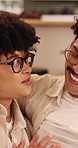 Couple, conversation and relax in home with smile, connection and bonding together on weekend break. Happy people, dating and discussion in living room with love, romantic relationship or commitment.