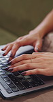 Woman, hands and remote work in apartment with laptop, research and writing creative column for blog. Freelance writer, person and typing in home with computer, planning or draft article for website.