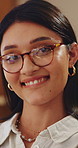 Face, woman and student in college with smile, glasses and higher education for knowledge development. Happy, person and scholar study at university with spectacles, learning and growth for future.