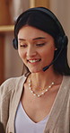 Call center, headset or woman in house with laptop, crm service or investment advice in remote work. Happy, wfh or finance consultant in home with mic, online banking or contact us with loan support.