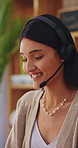 Call center, headset or woman in house with help, crm service or investment advice in remote work. Happy, wfh or finance consultant in home with mic, online banking or contact us with loan support.