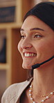 Call center, headset or woman in house with help, crm service or investment advice in remote work. Happy, wfh or finance consultant in home with mic, online banking or contact us with loan support.