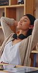 Woman, laptop and finish remote work with stretching, submit admin report and consultant relax in home. Freelance, virtual assistant and person rest in house with computer, email and complete task.