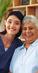 Face, caregiver and senior woman in nursing home with smile, assisted living or medical support. Portrait, house and person in retirement with nurse for hug, homecare service or laugh with healthcare
