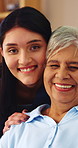 Face, happy nurse and senior woman in home with smile, assisted living or laugh with medical support. Portrait, house or person in retirement with caregiver for trust, homecare service or healthcare