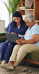Caregiver, help and old woman in retirement home with laptop, advice and tips for website navigation. Nurse, assistance and senior person on sofa with how to setup computer, app and digital literacy.