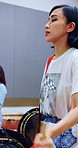 Drums, culture and woman in class for learning, music and practice for traditional performance. Creative, Taiko and people with instruments to prepare for Japanese festival, rehearsal and rhythm