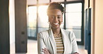 Business, face or black woman in agency with arms crossed, property investor or pride in housing industry. Happy, flare or realtor with confidence, listing agent or about us in real estate career.