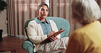 Clipboard, discussion and psychologist with senior woman in office for coping mechanisms on trauma. Talking, help and therapist with elderly person for mental health evaluation for support in clinic.