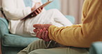 Anxiety, hands and senior woman with psychologist in office for mental health, trauma or ptsd. Help, nervous and elderly person with therapist for counseling session on retirement planning at clinic.