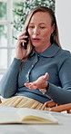 Woman, notebook and contact in home with phone call, remote work or discussion for conversation. Freelance, virtual assistant and female person in house with tech, communication or diary for schedule