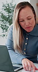 Document, laptop and woman in house with apple, expense auditing or cost control in budget review. Reading, paperwork and person in kitchen with fruit, tax planning or savings in finance management