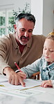 Father, child and learning with book in home school for development, talking or study together. Girl, parent and help for education with writing, teaching knowledge and homework assistance at house