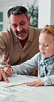 Father, kid and learning with book in home school for development, talking or study together. Girl, parent and help for education with writing, teaching knowledge and homework assistance with smile