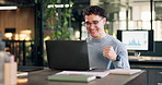 Laptop, fist pump and businessman in office with good news, celebration or winning finance bonus. Happy, computer and financial advisor in workplace with goals, revenue growth or job promotion.