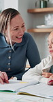 Happy mother, child and teaching with book in home school for development, laugh and talking together. Girl, parent and help with education assignment, learning knowledge or homework project at house