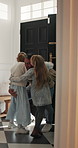 Love, father and children at door with arrival, happy moment or connection with greeting routine. Running, parenthood or family in house with hug, caring relationship or excited welcome in homecoming