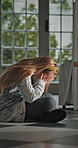 Mental health, crying or child in home with overthinking, anxiety trigger or memory of past trauma. Nerves, overwhelmed or person with depression, sad flashback or loneliness with childhood emotions.
